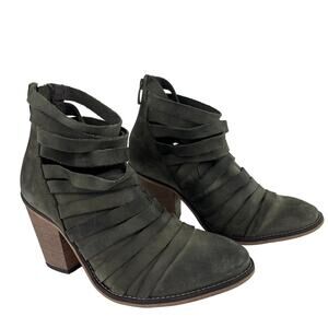 Free People Hybrid Gray Green Leather Strappy Ankle Boots Wood Heel 38 7.5/8